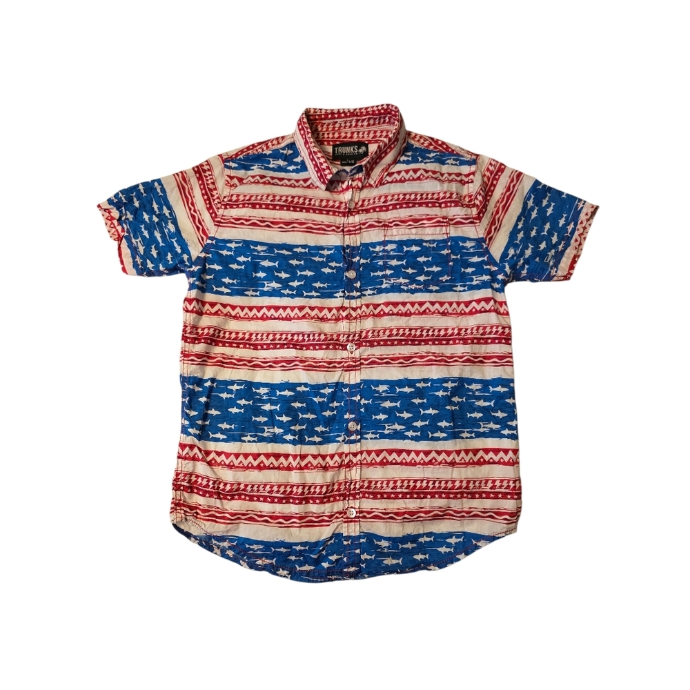 Trunks Surf & Swim Co Button Up Shirt Red White Blue Shark Print Size L